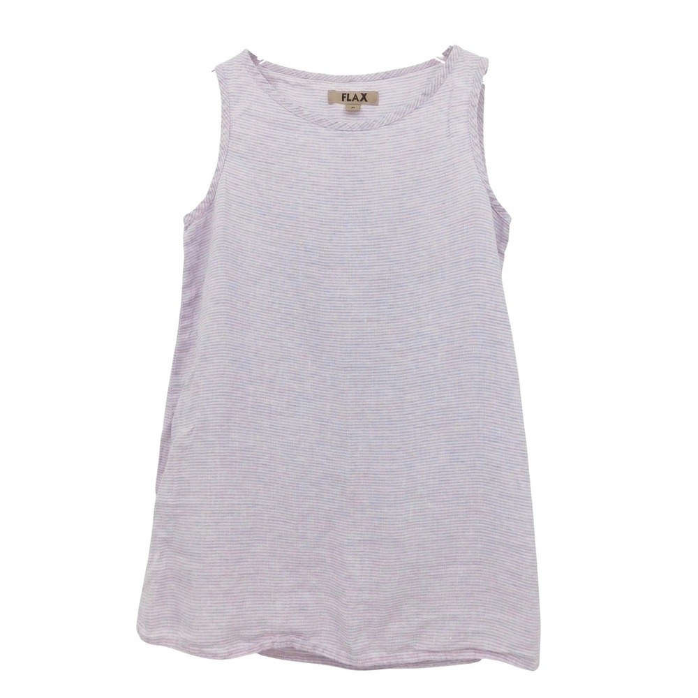 FLAX Womens Petite P Lavender Blue Striped 100% Linen Sleeveless Tunic Top